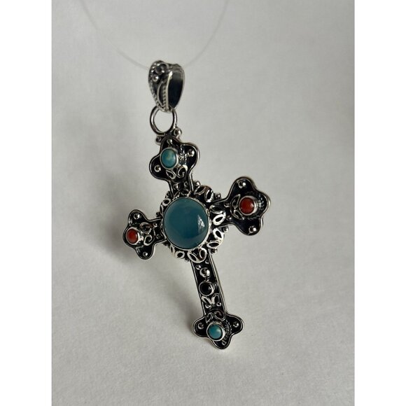 Handcrafted Agate Cut Gemstone Cross 925 Sterling Silver - Picture 6 of 16
